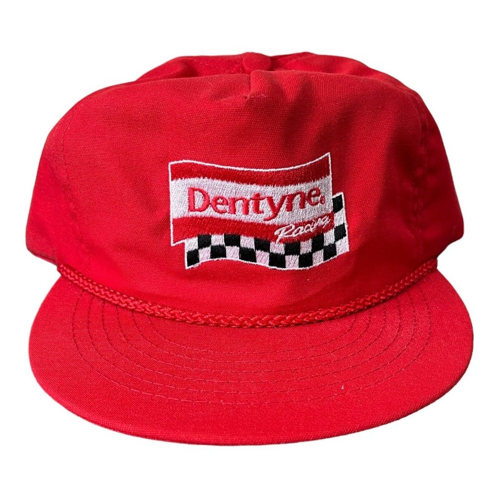 Vintage Dentyne Racing Hat Rope Spell Out Logo Checker Flag Snapback Trucker Cap